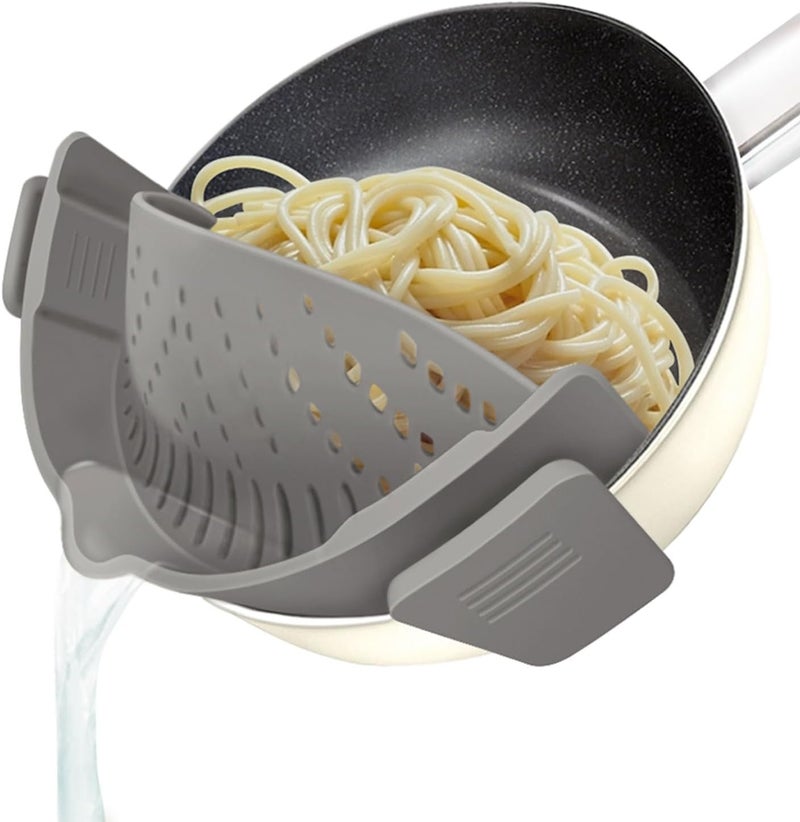 YEVIOR Clip on Strainer for All Pots Pan,Silicone Pasta Strainer Kitchen Gadgets,Collapsible Colander for Noodle,Vegetables,Fruit,Spaghetti (Grey) - Image 1