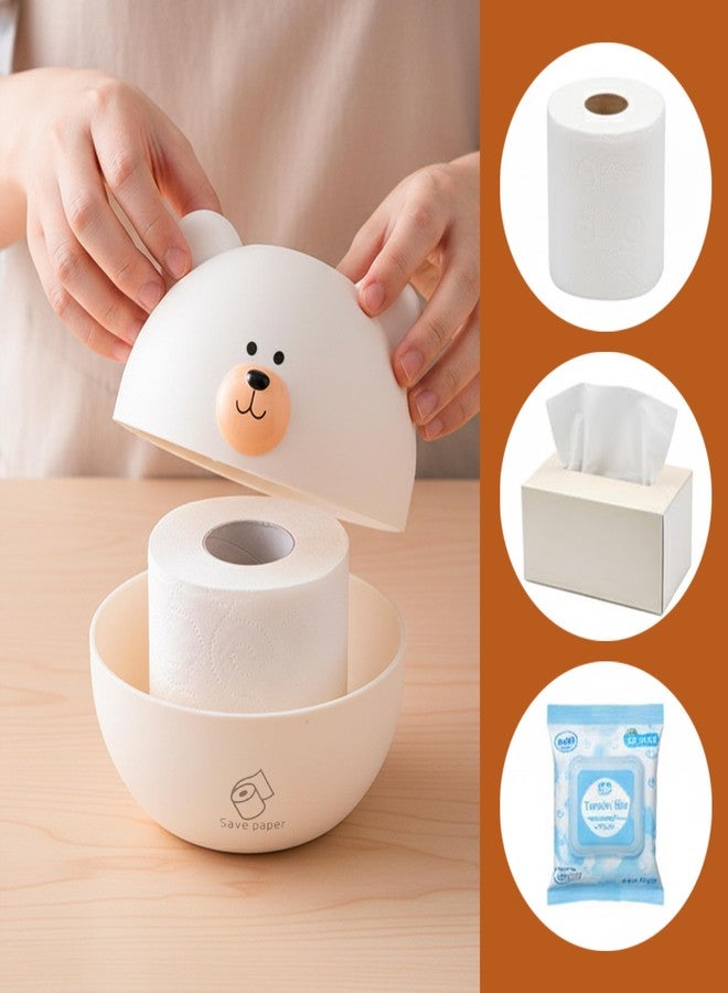 KH866 Bear Tissue Box Cover Cute Cartoon Paper Holder Facial Dispenser Organizer for Kids Living Room Bathroom Home Decor TV Stand Car Office, White Round Head Shape Toilet Tissue Container - Image 2