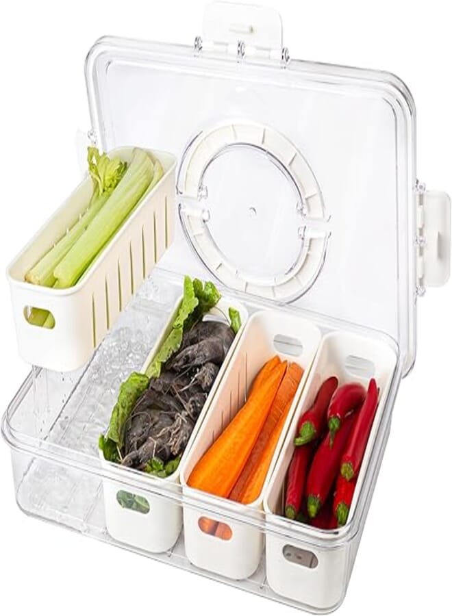 Fruit Storage Containers for Fridge-Portable Divided Serving Tray with Lid and Handle-4 Compartment Snack Containers,Veggie Tray With Lid for Snack,Candy Tray - Perfect for Party,Travel,Picnic