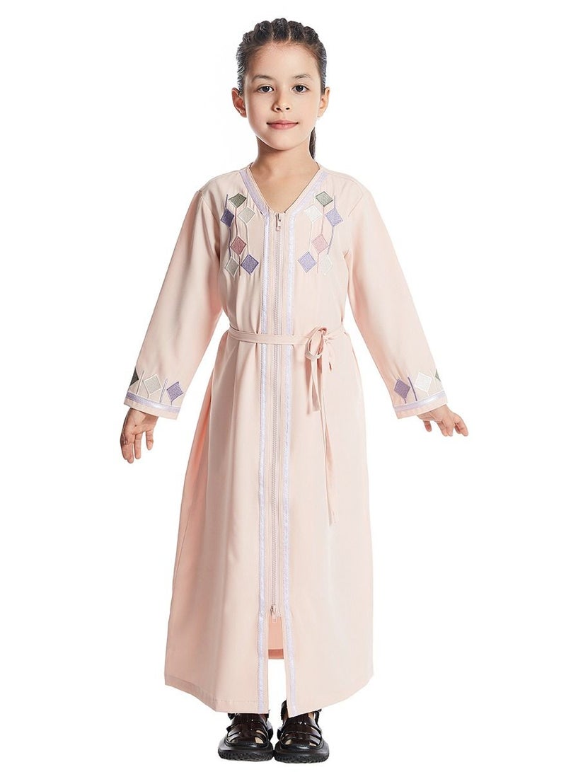 إسكدنيا Girl's V Neck Long Sleeve Lace-Up Zipper Maxi Long Dress Light Pink  - Image 1