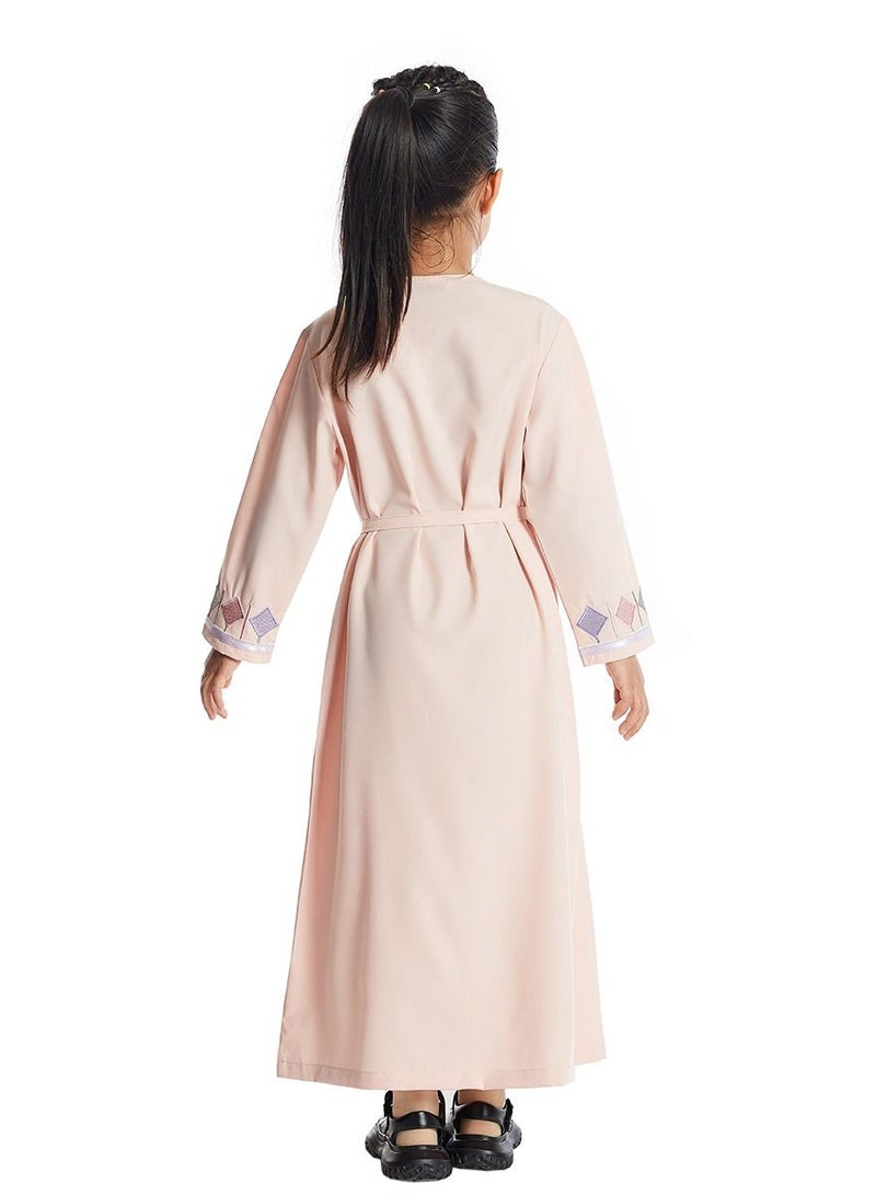 إسكدنيا Girl's V Neck Long Sleeve Lace-Up Zipper Maxi Long Dress Light Pink  - Image 3