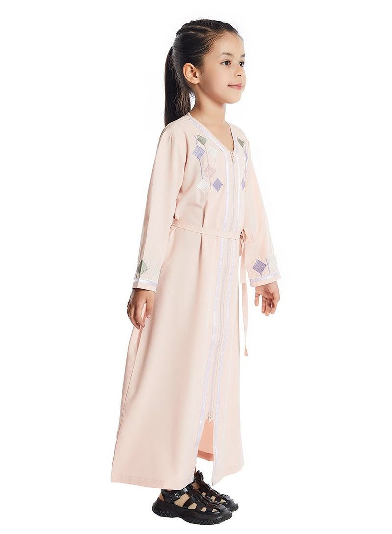 إسكدنيا Girl's V Neck Long Sleeve Lace-Up Zipper Maxi Long Dress Light Pink  - Image 2