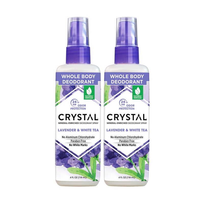 CRYSTAL Mineral Deodorant Spray Body Deodorant With 24Hour Odor Protection Lavender White Tea Spray NonStaining Aluminum Chloride Paraben Free 4 FL OZ Pack of 2