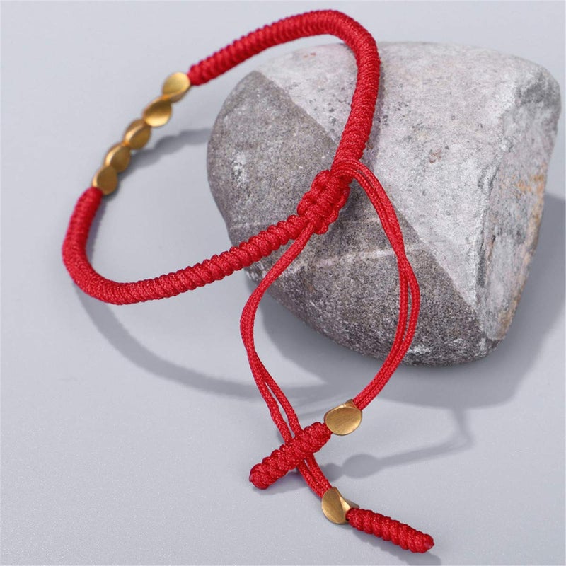 Nanafast 2 Pcs Tibetan Copper Beads Bracelet Adjustable Handmade Braided Copper Bracelet Set for Women Men Lucky Tibetan Bracelet Gifts Red - Image 5