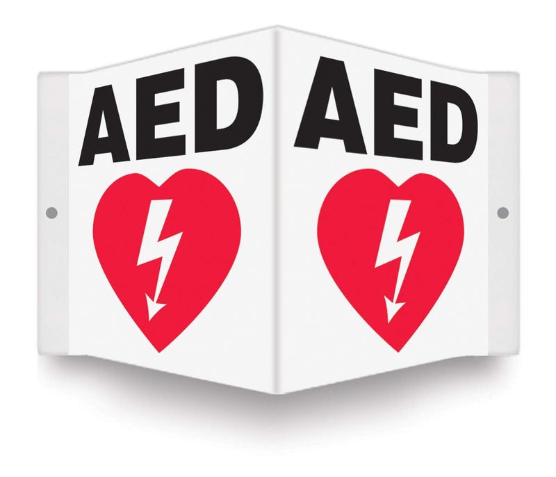 أكيوفورم لوحة عرض ثلاثية الأبعاد Accuform Psp609، تحمل علامة "Aed" مع رسم، مقاس 6 × 5 بوصات، مصنوعة من بلاستيك عالي المقاومة بسماكة 0.10 بوصة، مزودة بفتحات تثبيت مثقوبة مسبقًا، باللونين الأحمر والأسود على خلفية بيضاء. - Image 1