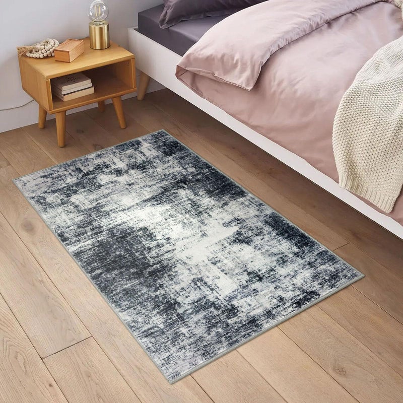 IOHOUZE Small Abstract Area Rug 2x3 Ft Entryway Rug Washable Door Mat Indoor Entrance  Throw Rug with Rubber Backing  Printed Faux Wool Non Slip Rugs Soft Door Rug for Foyer Kitchen  Black Grey - Image 1