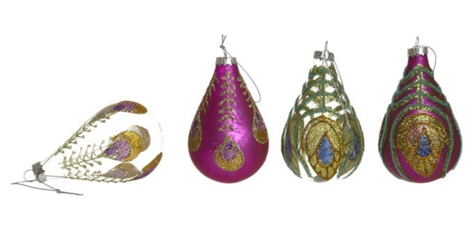 4 LUXURY LARGE CHRISTMAS PEACOCK DESIGN GLASS TEARDROP SHAPE BAUBLES BOX SET