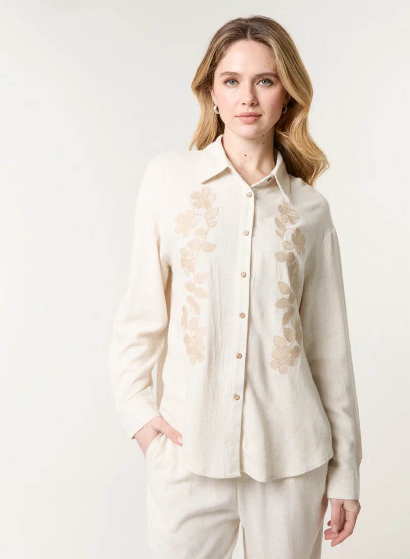 بلو فانيلا Linen Flower Embroidery Blouse