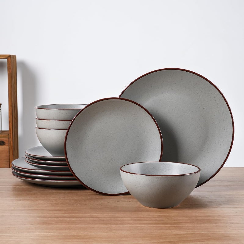 Famiware Venus Plates and Bowls Sets, 12 Pieces Stoneware Speckled Dinnerware Dishes Set for 4, Matte Dark Gray - Microwave & Dishwasher Safe, Modern Minimalist, for Everyday Meals & Formal Dining - Image 1