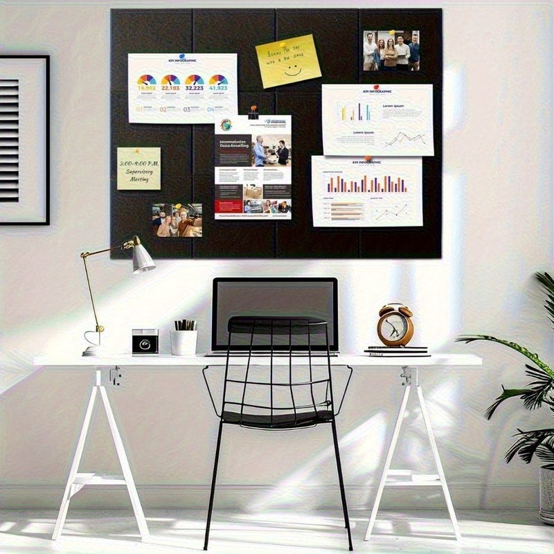 Black Felt Bulletin Board Wall Tiles 12pcs Removable Adhesive Office Pin Board 47x35 Inch - Image 5