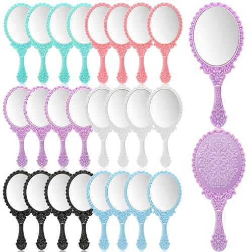 Goaste 24 Pack Vintage Handheld Mirror, Portable Embossed Flower Mirror, Hand Held Decorative Mirrors for Face Makeup, Travel, Camping, Home, Assorted Colors, 7"×3.15" - Image 1