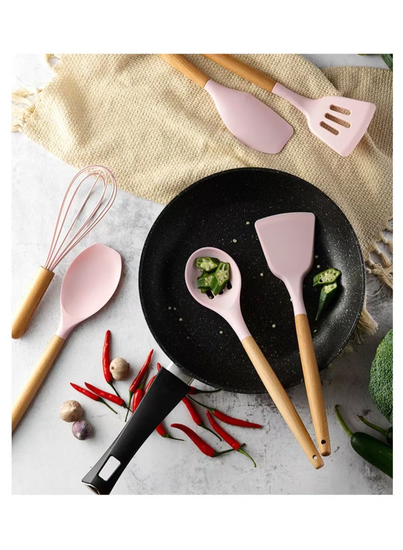 New 12 piece wooden handle bucket cooking utensil, pink/brown  - Image 2