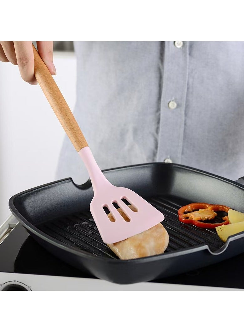 New 12 piece wooden handle bucket cooking utensil, pink/brown  - Image 3