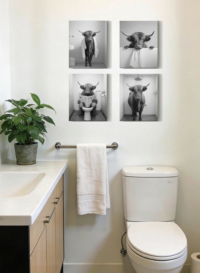 Drsoum Funny Highland Cow Bathroom Wall Art Framed Black and White Rustic Cute Bathroom Canvas Prints for Bathroom Restroom Decor 8x10inx4pcs (Framed) - Image 2