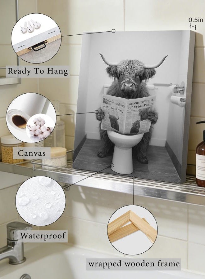 Drsoum Funny Highland Cow Bathroom Wall Art Framed Black and White Rustic Cute Bathroom Canvas Prints for Bathroom Restroom Decor 8x10inx4pcs (Framed) - Image 3