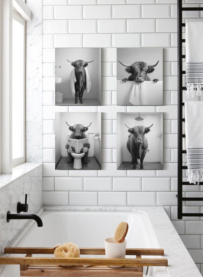 Drsoum Funny Highland Cow Bathroom Wall Art Framed Black and White Rustic Cute Bathroom Canvas Prints for Bathroom Restroom Decor 8x10inx4pcs (Framed) - Image 5