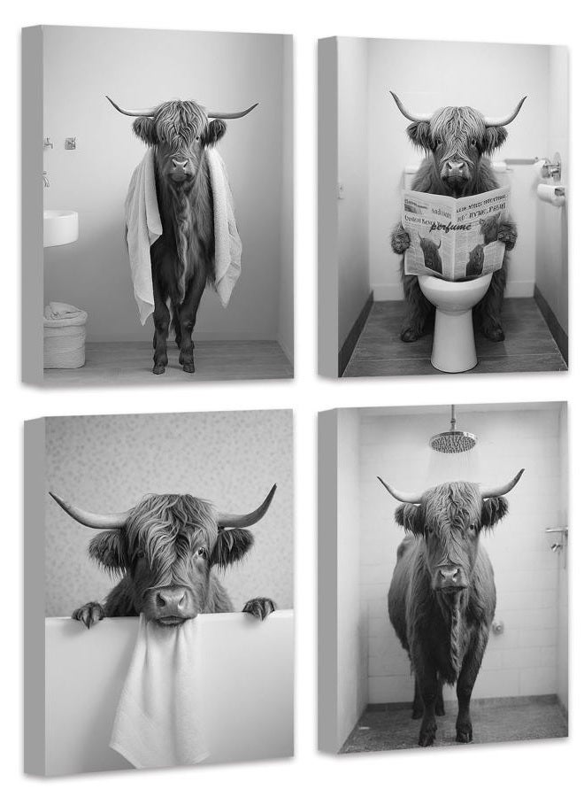 Drsoum Funny Highland Cow Bathroom Wall Art Framed Black and White Rustic Cute Bathroom Canvas Prints for Bathroom Restroom Decor 8x10inx4pcs (Framed) - Image 1