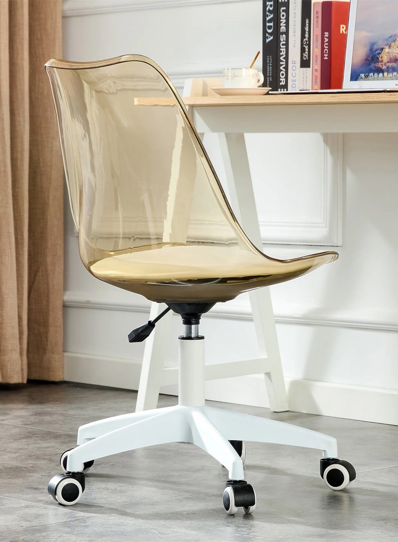 تايمي كرسي مكتب منزلي حديث من الأكريليك، كرسي كمبيوتر دوار 360 درجة بدون أذرع من البلاستيك مع عجلات ومقعد مبطن لغرفة المعيشة وغرفة النوم والمكتب والفندق وغرفة الطعام، بني شفاف - Image 3