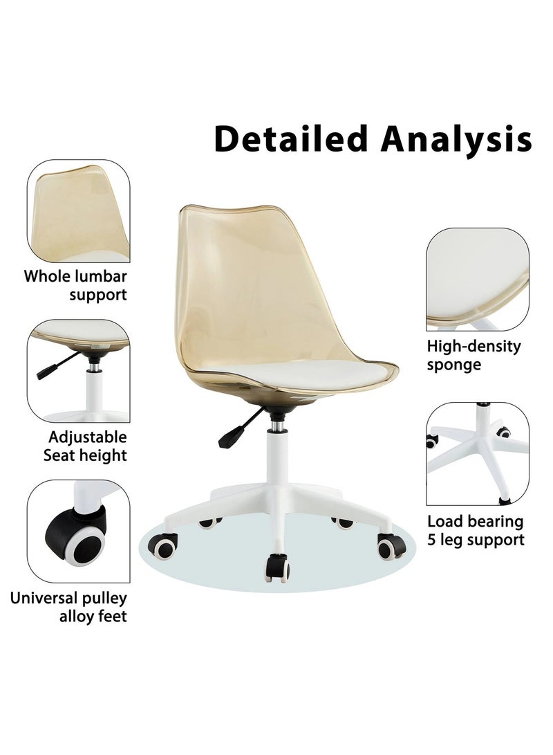 تايمي كرسي مكتب منزلي حديث من الأكريليك، كرسي كمبيوتر دوار 360 درجة بدون أذرع من البلاستيك مع عجلات ومقعد مبطن لغرفة المعيشة وغرفة النوم والمكتب والفندق وغرفة الطعام، بني شفاف - Image 5