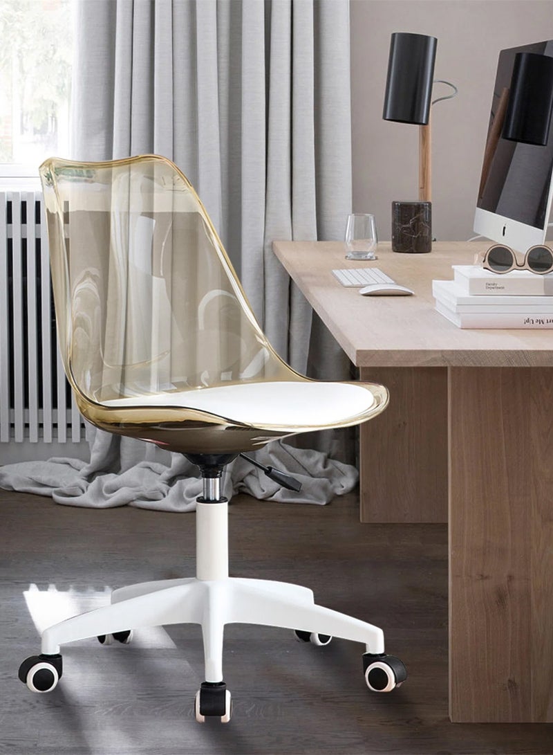 تايمي كرسي مكتب منزلي حديث من الأكريليك، كرسي كمبيوتر دوار 360 درجة بدون أذرع من البلاستيك مع عجلات ومقعد مبطن لغرفة المعيشة وغرفة النوم والمكتب والفندق وغرفة الطعام، بني شفاف - Image 2