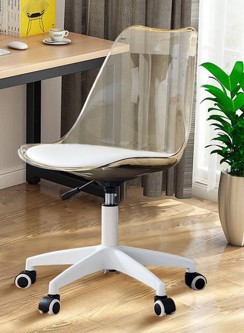 تايمي كرسي مكتب منزلي حديث من الأكريليك، كرسي كمبيوتر دوار 360 درجة بدون أذرع من البلاستيك مع عجلات ومقعد مبطن لغرفة المعيشة وغرفة النوم والمكتب والفندق وغرفة الطعام، بني شفاف - Image 1