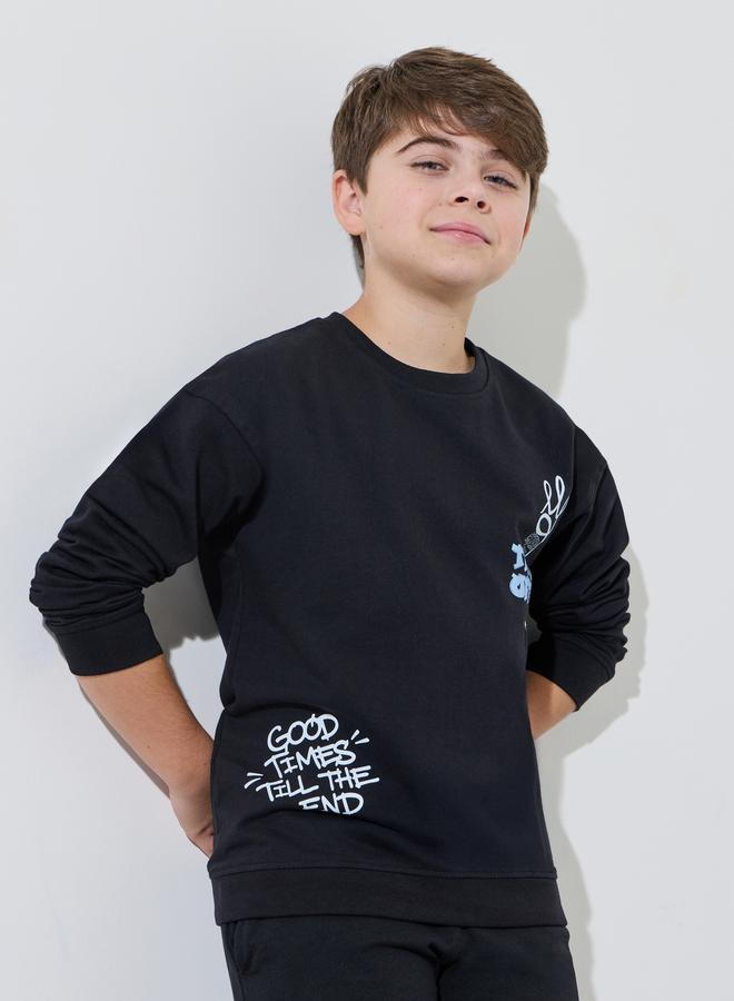 Styli Teen Boys Black Graphic Print Long Sleeves Regular Fit Sweatshirt - Image 1