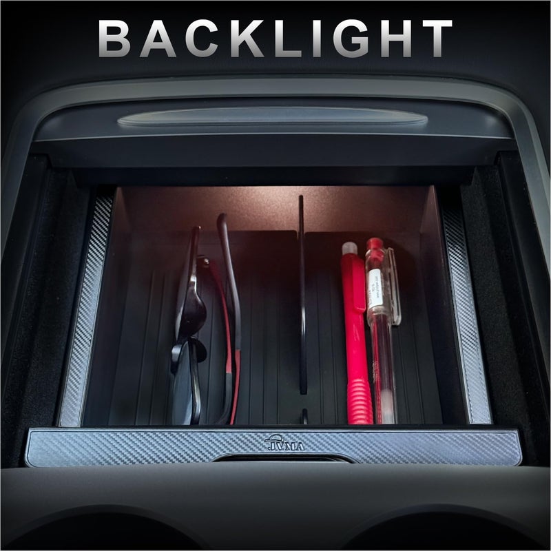 JVMA Center Console Organizer for Tesla Model Y 2024 2023 2022 2021 and Model 3 2021-2023 Accessories with Backlight Transparent Smooth Slide 3 Carbon Edition Upgrade - Image 3