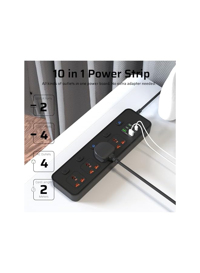 PROMASS Power Extension, 2m Black Durable Extension Cord with 4 AC Outlets, 5 Switches, 2 USB-A/4 USB-C Ports power strip, Overload, Surge Protection,Wall Mountable universal extension cord for Office, Home - Image 4