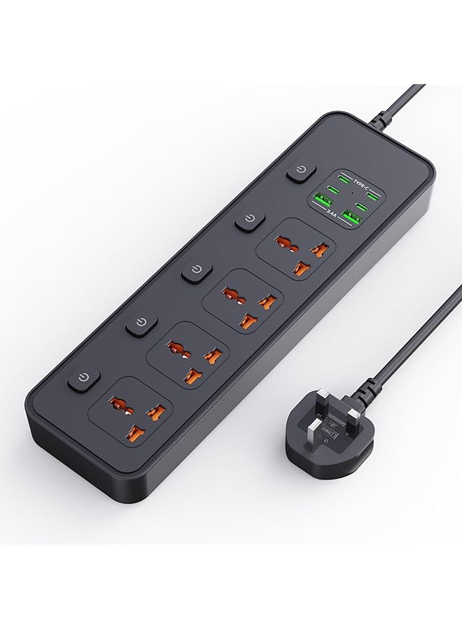 PROMASS Power Extension, 2m Black Durable Extension Cord with 4 AC Outlets, 5 Switches, 2 USB-A/4 USB-C Ports power strip, Overload, Surge Protection,Wall Mountable universal extension cord for Office, Home - Image 1
