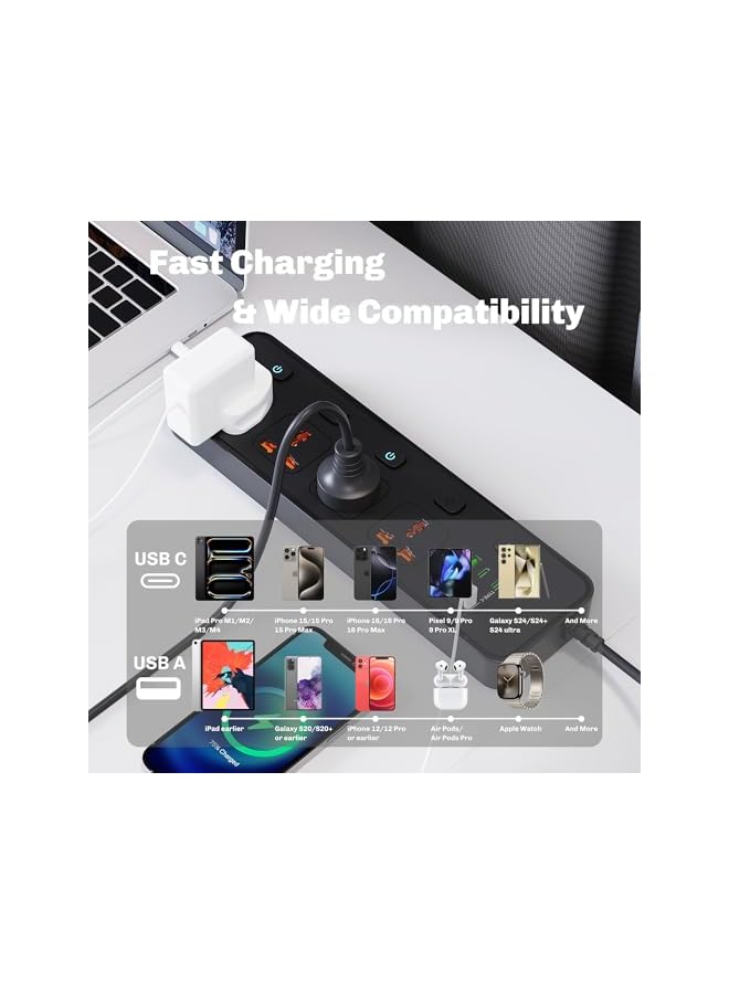 PROMASS Power Extension, 2m Black Durable Extension Cord with 4 AC Outlets, 5 Switches, 2 USB-A/4 USB-C Ports power strip, Overload, Surge Protection,Wall Mountable universal extension cord for Office, Home - Image 5