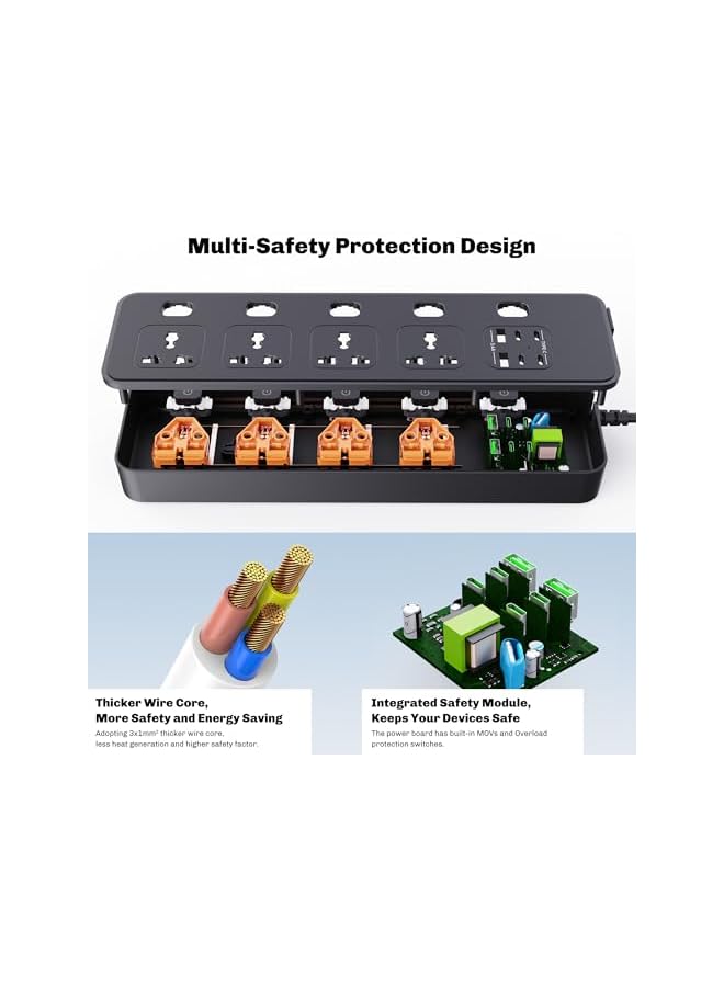 PROMASS Power Extension, 2m Black Durable Extension Cord with 4 AC Outlets, 5 Switches, 2 USB-A/4 USB-C Ports power strip, Overload, Surge Protection,Wall Mountable universal extension cord for Office, Home - Image 2