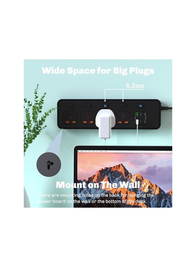 PROMASS Power Extension, 2m Black Durable Extension Cord with 4 AC Outlets, 5 Switches, 2 USB-A/4 USB-C Ports power strip, Overload, Surge Protection,Wall Mountable universal extension cord for Office, Home - Image 3