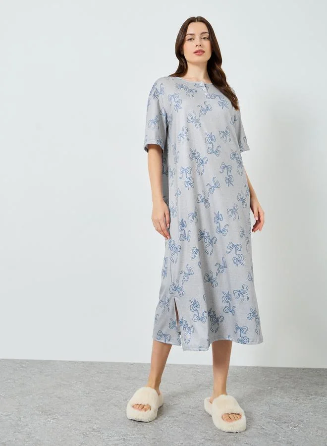 Styli Grey Bow Print Short Sleeve Nightdress