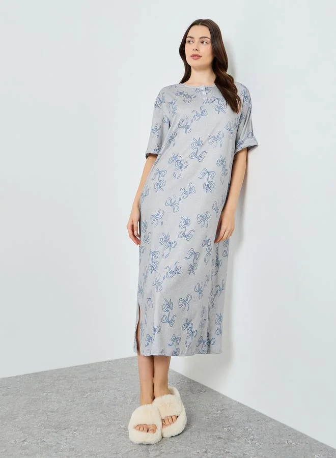 Styli Grey Bow Print Short Sleeve Nightdress