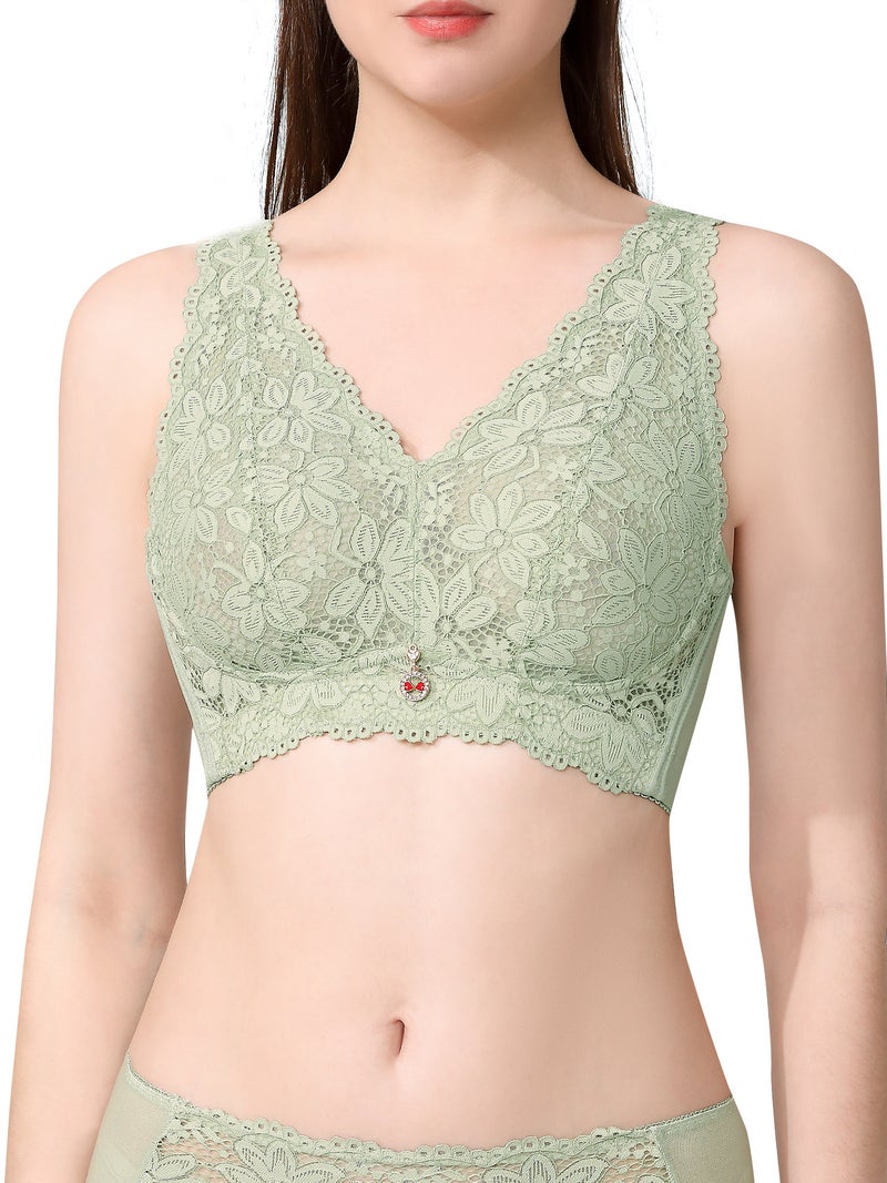 See-Through Bra: Green 36D Soft Thin Sheer Lace Cups No Underwire - Wide Side Wings Mesh V-Back Adjustable Hook-And-Eye Back Closure Romantic Lingerie for Women - Image 1