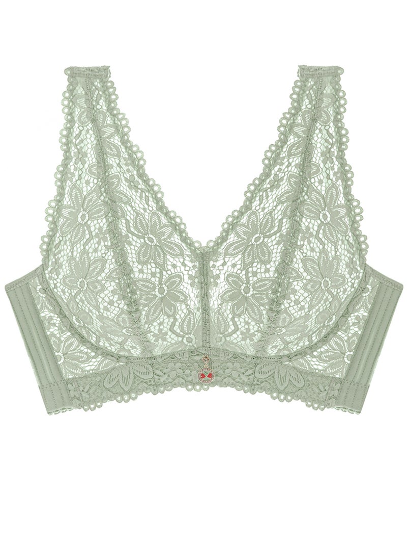 See-Through Bra: Green 36D Soft Thin Sheer Lace Cups No Underwire - Wide Side Wings Mesh V-Back Adjustable Hook-And-Eye Back Closure Romantic Lingerie for Women - Image 5