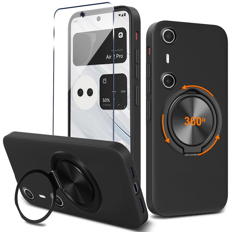 Nijiadi Compatible for Xreal Beam Pro Phone Case with Glass Screen Protector 360 Rotatable Ring Holder Kickstand Silicone TPU Silm Fit Shockproof Protective Cover Case for Xreal Beam Pro Black - Image 3