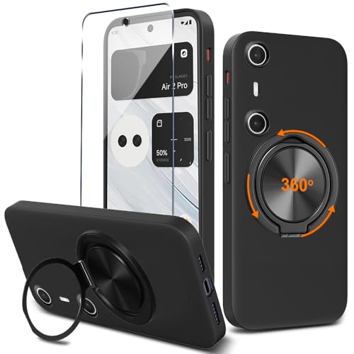 Nijiadi Compatible for Xreal Beam Pro Phone Case with Glass Screen Protector 360 Rotatable Ring Holder Kickstand Silicone TPU Silm Fit Shockproof Protective Cover Case for Xreal Beam Pro Black - Image 1