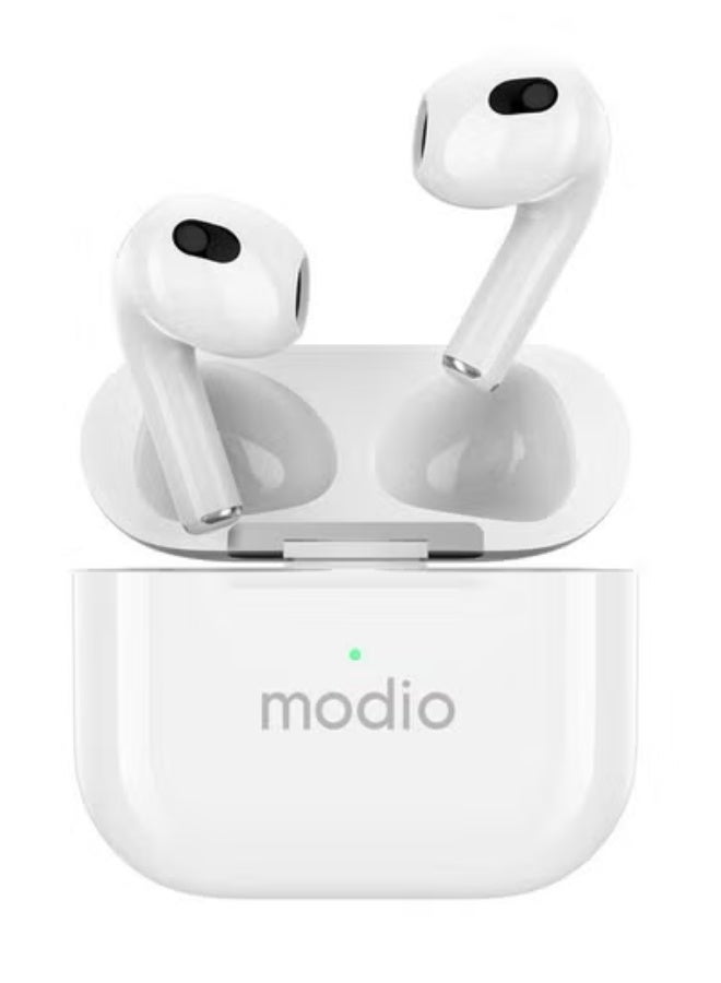 Modio ME12 Wireless Bluetooth Earbuds – In-Ear Headphones with Smart Touch Control, Clear HD Audio & Deep Bass – Compact Wireless Headset with Charging Case – Noise-Isolating, Lightweight Earphones for Calls, Music, Workouts – White Color, Long Battery Life - Image 1