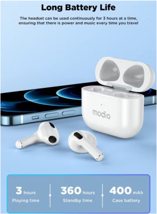 Modio ME12 Wireless Bluetooth Earbuds – In-Ear Headphones with Smart Touch Control, Clear HD Audio & Deep Bass – Compact Wireless Headset with Charging Case – Noise-Isolating, Lightweight Earphones for Calls, Music, Workouts – White Color, Long Battery Life - Image 3