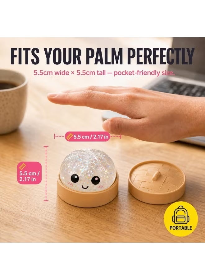 Glitter Dumpling Squishy Fidget Toy – Mochi Fidget Toy Soft Bao Bun Stress Relief Balls with Realistic Steamer Container | Anti-Anxiety Sensory Squeeze Toy for Kids & Adults | Office Decompression Desk Accessory & Calming Toy Gift (Random Color) - Image 2