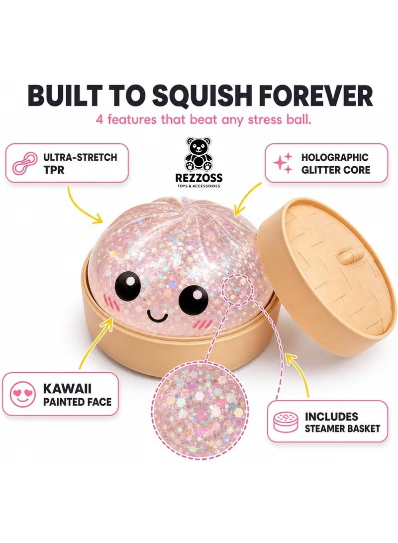 Glitter Dumpling Squishy Fidget Toy – Mochi Fidget Toy Soft Bao Bun Stress Relief Balls with Realistic Steamer Container | Anti-Anxiety Sensory Squeeze Toy for Kids & Adults | Office Decompression Desk Accessory & Calming Toy Gift (Random Color) - Image 4