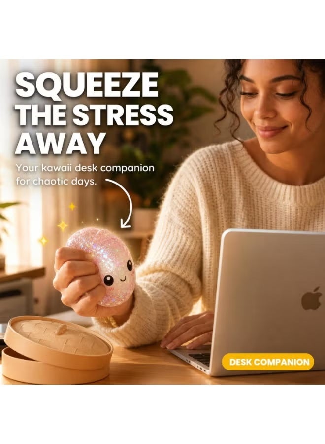 Glitter Dumpling Squishy Fidget Toy – Mochi Fidget Toy Soft Bao Bun Stress Relief Balls with Realistic Steamer Container | Anti-Anxiety Sensory Squeeze Toy for Kids & Adults | Office Decompression Desk Accessory & Calming Toy Gift (Random Color) - Image 5