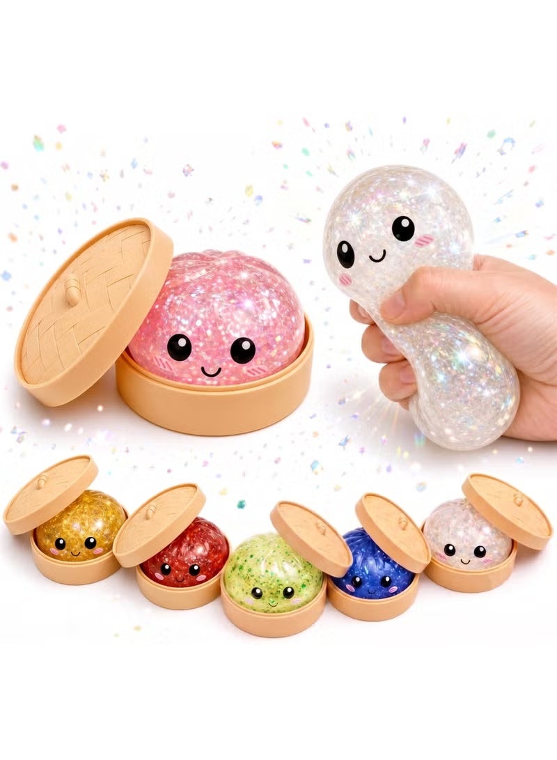 Glitter Dumpling Squishy Fidget Toy – Mochi Fidget Toy Soft Bao Bun Stress Relief Balls with Realistic Steamer Container | Anti-Anxiety Sensory Squeeze Toy for Kids & Adults | Office Decompression Desk Accessory & Calming Toy Gift (Random Color) - Image 1