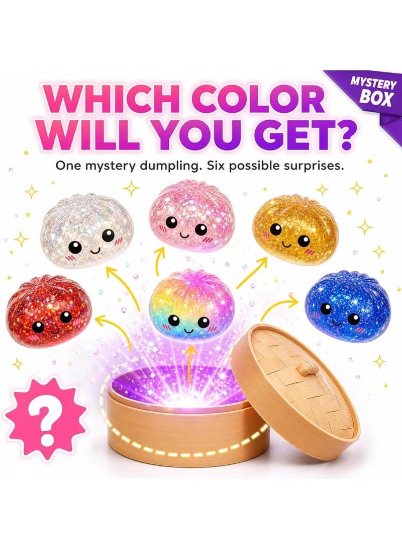 Glitter Dumpling Squishy Fidget Toy – Mochi Fidget Toy Soft Bao Bun Stress Relief Balls with Realistic Steamer Container | Anti-Anxiety Sensory Squeeze Toy for Kids & Adults | Office Decompression Desk Accessory & Calming Toy Gift (Random Color) - Image 3