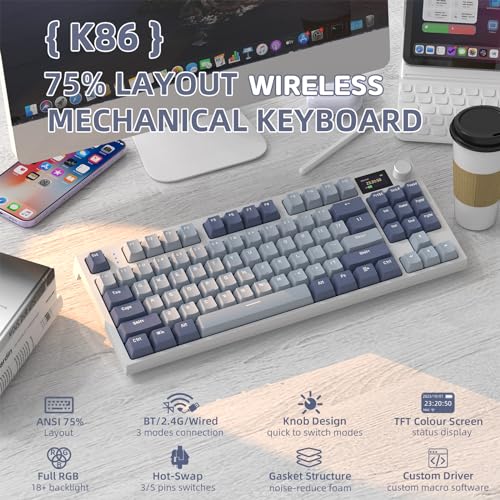 MAMBASNAKE ATTACK SHARK K86 Wireless Mechanical Keyboard with 1.2" TFT Color Display & CNC Knob,Hot Swappable RGB Backlit,2.4GHz/BT/Wired Modes,Customizable Blue Whale Switch,PBT Keycaps for WIN/MAC (Lavender) - Image 2