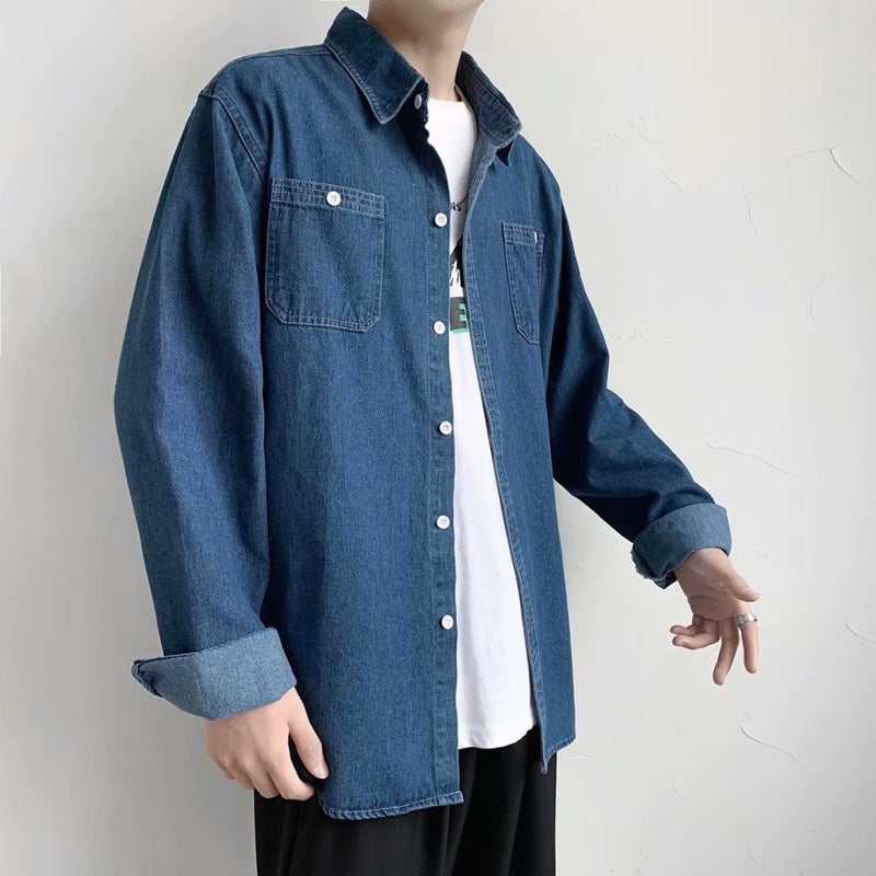 2021 Summer Denim Work Clothes Shirt Mens Thin Long-sleeved Welder Anti-scald Wear-resistant Top Mens Coat Mens Wear Dark blue  - Image 3