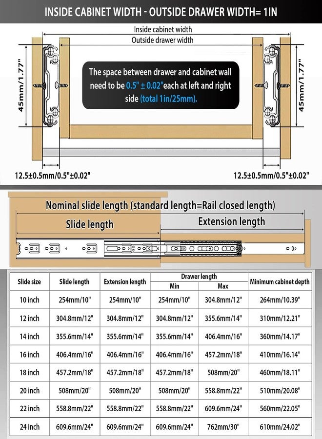 VAGUDE Soft Close Stainless Steel Drawer Slides 1 Pair Full Extension 10 12 14 16 18 20 22 24 inch Side Mount Dresser Cabinet Replacement Ball Bearing Rails Runner 100LB (Stainless soft close 12 Inch) - Image 2
