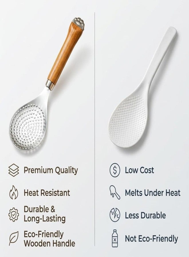 Akshify Rice Serving Spoon/Spatula Stainless Steel with Wooden Handle, Heavy Duty Non Stick Rice Scoop Ladle for Biryani Pulao Khichdi, Rust Proof Deep Serving Spoon for Kitchen Home Restaurant Use - Image 5