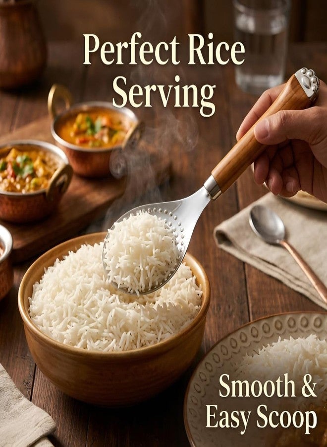Akshify Rice Serving Spoon/Spatula Stainless Steel with Wooden Handle, Heavy Duty Non Stick Rice Scoop Ladle for Biryani Pulao Khichdi, Rust Proof Deep Serving Spoon for Kitchen Home Restaurant Use - Image 4